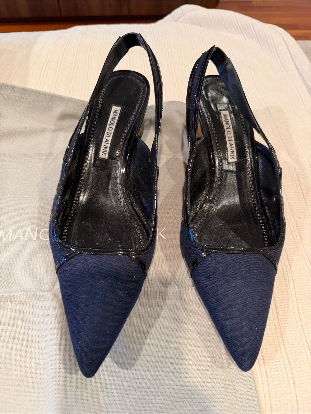 Manolo Blahnik Navy Pointed Slingback Pumps with Patent Trim